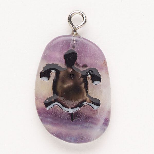 Focal, steel/purple fluorite (natural)/enamel, pkg/1, silver finish and black, 30x24mm-39x27mm single-sided puffed freeform with turtle, B- grade. image number 0