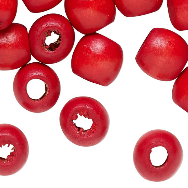 Bead, wood (dyed/waxed), red, 12x11mm barrel. Sold per 4-ounce pkg, approximately 255 beads. image number 0