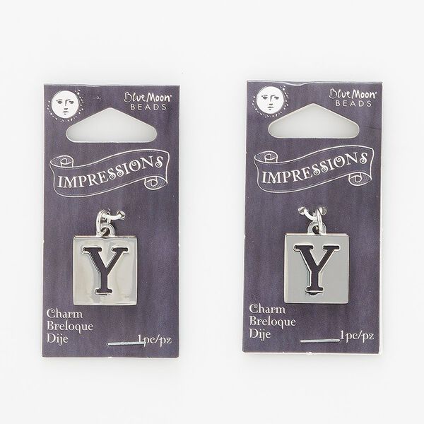 Drop, silver-finished "pewter" (zinc-based alloy) and steel, 16x15mm flat square with cutout letter "Y." Sold per pkg of 2. image number 0