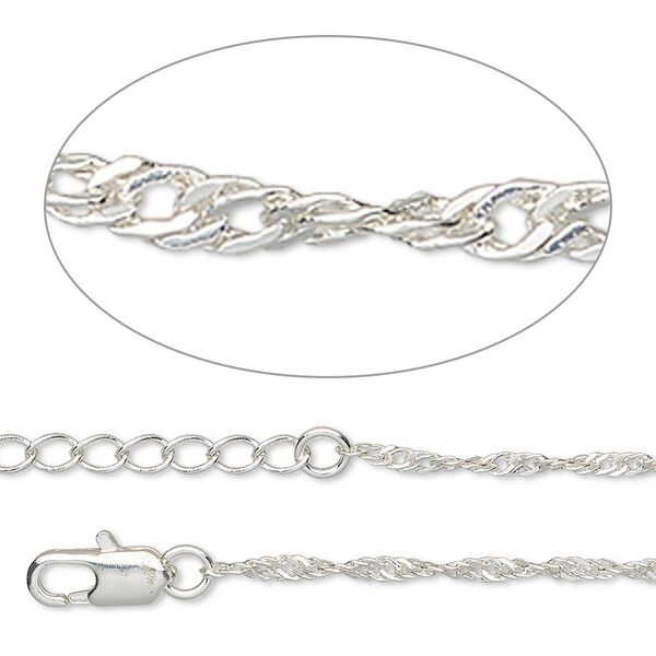 Chain, silver-plated brass, 2mm Singapore, 7-1/2 inches with 2-3/4 inch extender chain and lobster claw clasp. Sold per pkg of 2. image number 0