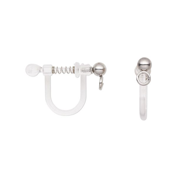 Earring clip-on 1pkg4, 11mm / 3mm ball / open loop / spring closure, stainless steel / acrylic clear 2 pair image number 0