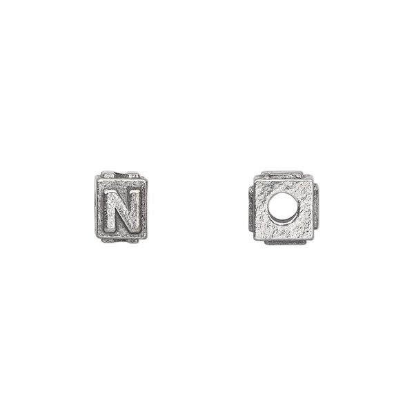 Bead, antiqued pewter (tin-based alloy), 8x6mm rectangle with alphabet letter "N". Sold per pkg of 4. image number 0