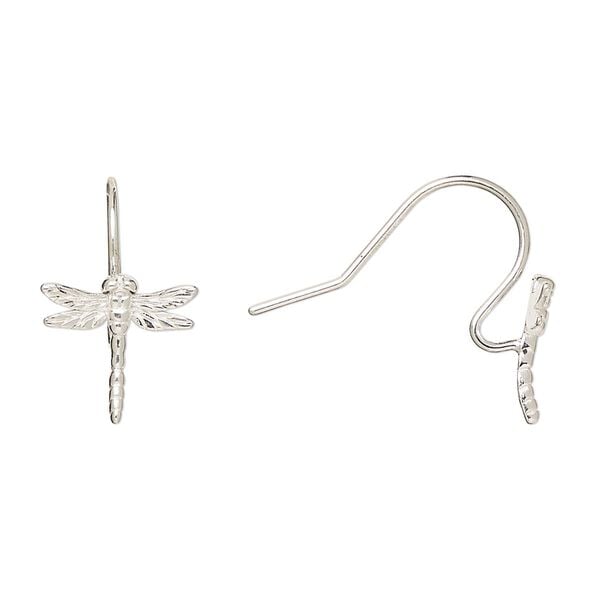 Ear wire fishhook 1pkg2 Amoracast® sterling silver, 13mm / 11x11mm dragonfly / open loop, 20 gauge 1 pair image number 0