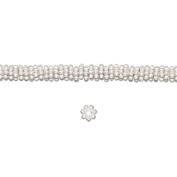 Bead, sterling silver, 4x1mm beaded rondelle. Sold per 1/4 troy ounce pkg, approximately 75-80 beads. image number 0