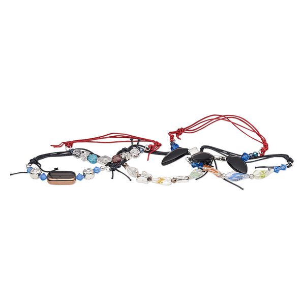 Bracelet mix, waxed cotton cord / glass / silver-finished steel / gold- / silver-coated acrylic, multicolored, 4mm-30x20mm mixed shape, adjustable from 7-1/2 to 9 inches with slip knot closure. Sold per pkg of 5. image number 0