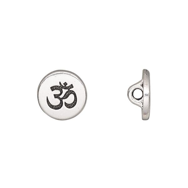Button, TierraCast®, antique silver-plated pewter (tin-based alloy), 12mm flat round with Om symbol and loop. Sold per pkg of 2. image number 0