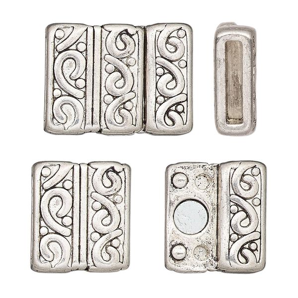 Clasp, magnetic, antique silver-finished "pewter" (zinc-based alloy), 21.5x16.5mm rectangle with swirl design and glue-in ends, 12x2mm inside diameter. Sold individually. image number 0