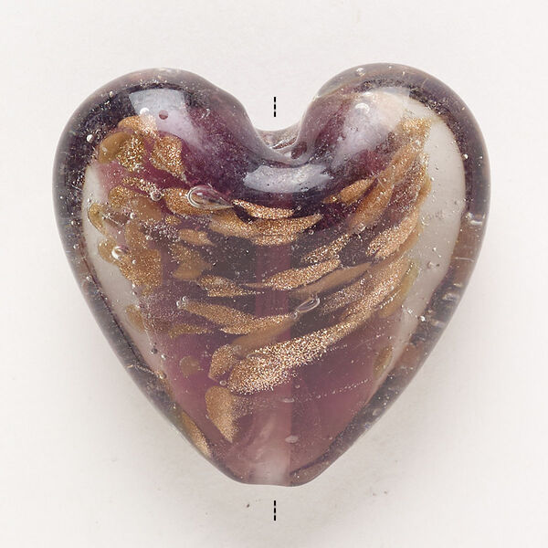 Bead, lampworked glass, pkg/1, opaque and translucent clear and purple with copper-colored glitter, 34-36mm puffed heart. image number 0