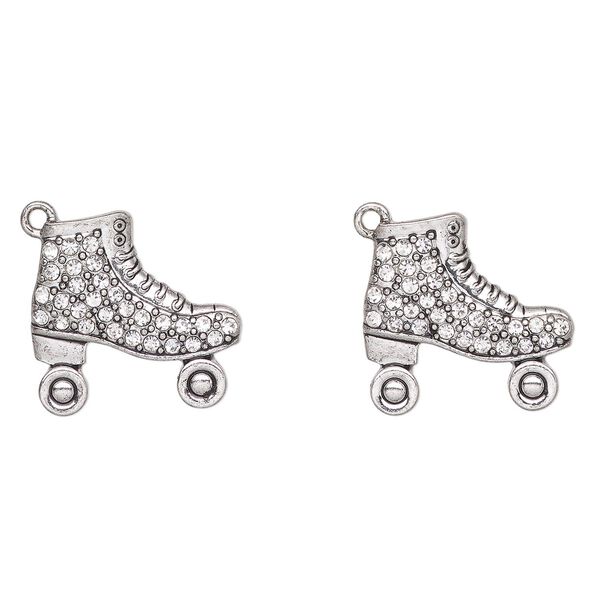 Charm, antique silver-finished "pewter" (zinc-based alloy) and glass, clear, 28x24mm roller skate. Sold per pkg of 2. image number 0