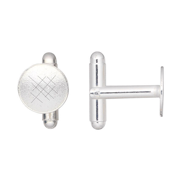 Cuff link, silver-finished brass, 12mm flat round pad. Sold per pkg of 2 pairs. image number 0