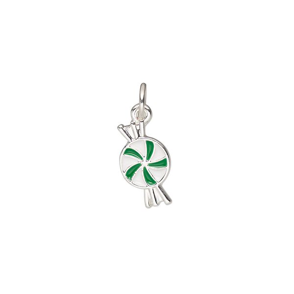 Charm, silver-finished "pewter" (zinc-based alloy) and enamel, green and white, 13x7.5mm candy mint. Sold per pkg of 4. image number 0