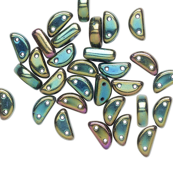 Bead, Preciosa, Czech pressed glass, opaque iris green, 8.5x3mm half moon with (2) 0.8-0.9mm holes. Sold per pkg of 20. image number 0
