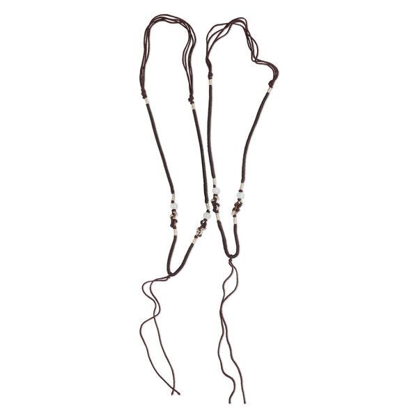 Necklace cord, macramé, jadeite (natural/dyed) and imitation silk, dark brown / brown / tan, 2-3.5mm wide with 5-1/2 inch dangle, 20 inches with slip knot closure. Sold per pkg of 2. image number 0