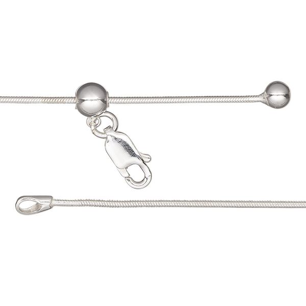 Chain, Gossamer™, sterling silver and silicone, 1mm snake with 4mm ball and 5mm adjustable slider bead, adjustable from 16 to 24 inches with lobster claw clasp. Sold individually. image number 0