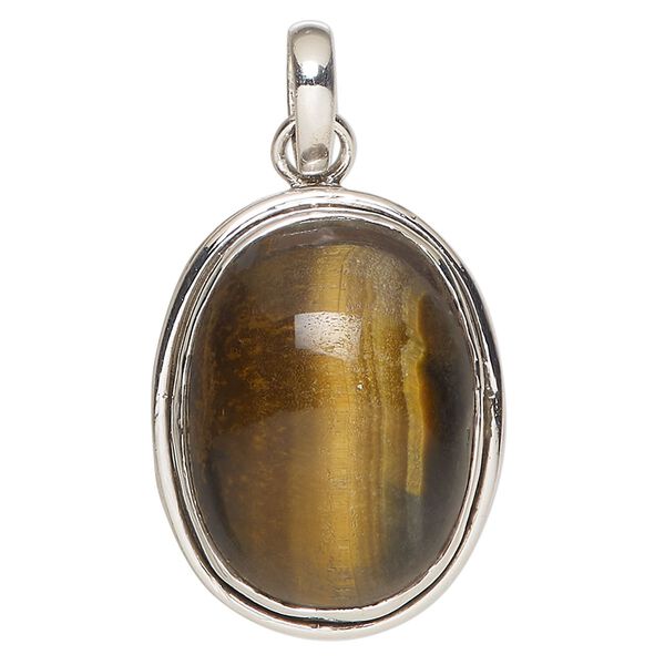 Pendant, tigereye (natural) and sterling silver, 30x24mm oval. Sold individually. image number 0