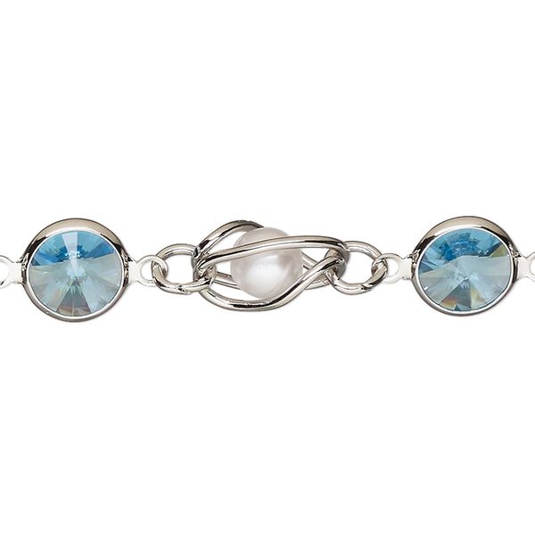 Chain, VINTAGE Crystal™, imitation rhodium-plated brass and crystal, aquamarine and white, 9mm round pearl and rivoli link. Sold per pkg of 1 meter. image number 0