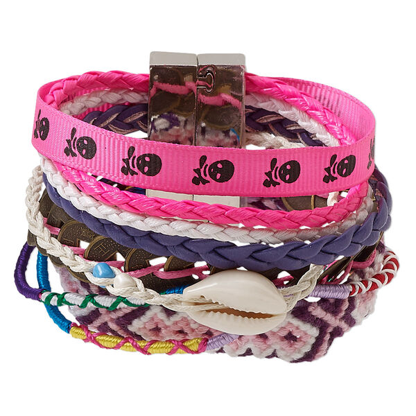 Bracelet, 10-strand, cowrie shell (natural) / polyester / nylon / polyurethane / silver-coated plastic / silver-finished "pewter" (zinc-based alloy), purple and multicolored, 37mm wide, 6-1/2 inches with magnetic locking clasp. Sold individually. image number 0