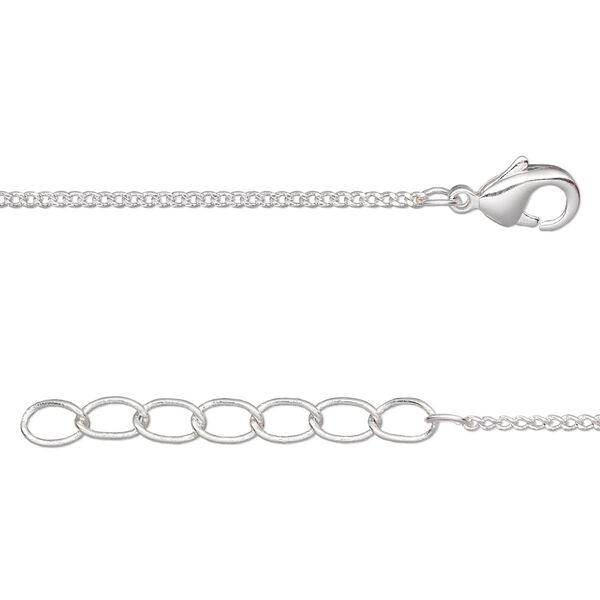 Chain, silver-plated brass, 1mm curb, 16 inches with 1-1/4 inch extender chain and lobster claw clasp. Sold per pkg of 4. image number 0