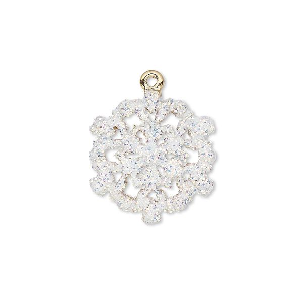 Charm, enamel and gold-finished "pewter" (zinc-based alloy), white with glitter, 19mm single-sided snowflake. Sold individually. image number 0