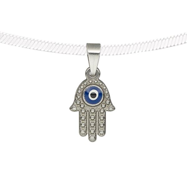Pendant, enamel and stainless steel, blue / white / black, 16x11.5mm two-sided textured Fatima hand with eye design. Sold individually. image number 0