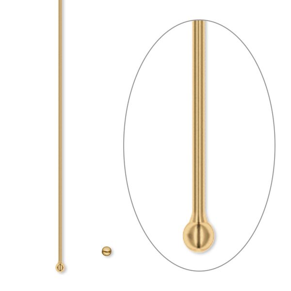 Head pin, antique gold-plated brass, 2 inches with 1.5mm ball, 23 gauge. Sold per pkg of 100. image number 0