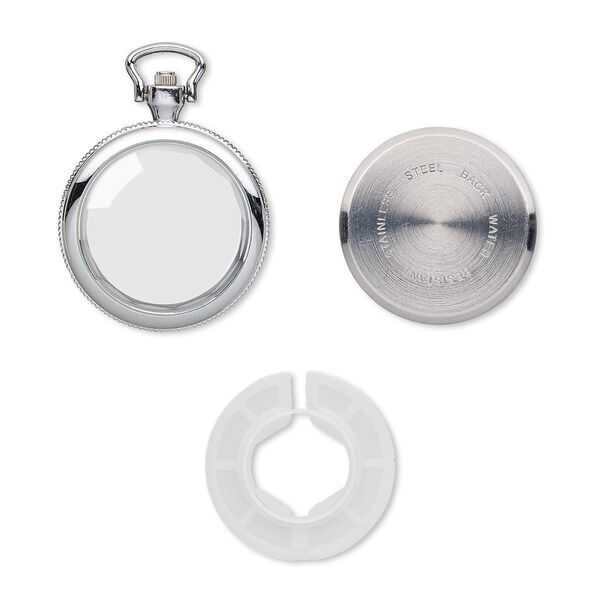 Watch body, glass / stainless steel / silver-plated "pewter" (zinc-based alloy), 54x40mm round. Sold per 4-piece set. image number 0