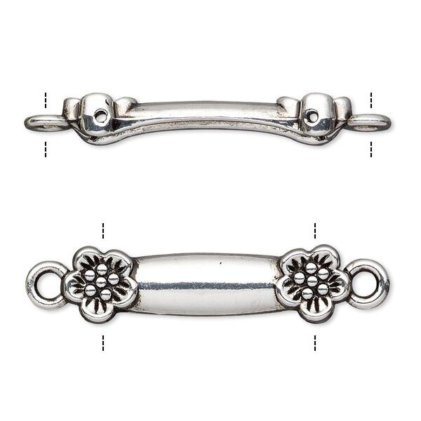 Link, antique silver-finished "pewter" (zinc-based alloy), 30x8mm double-drilled bar with flower design, fits up to 21.5mm bead. Sold per pkg of 10. image number 0