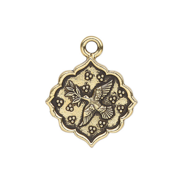 Drop, TierraCast®, antique gold-plated pewter, 24.5mm 2-sided scalloped diamond with dove and "peace." Sold individually. image number 0