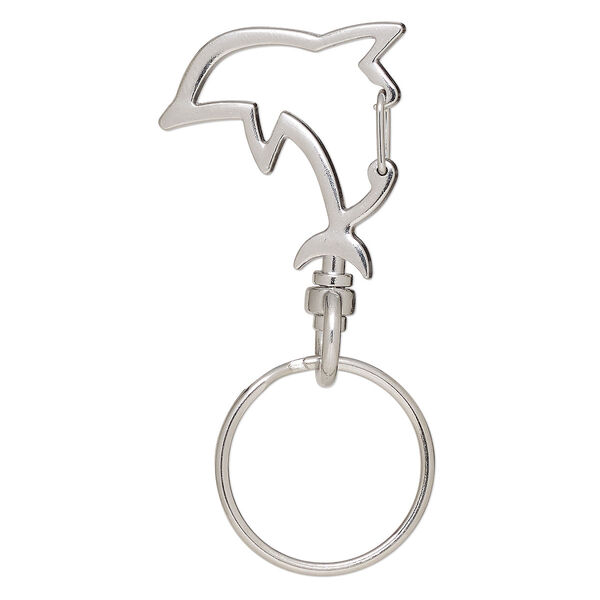 Key ring, imitation rhodium-finished brass and steel, 63.5x31mm overall with 30x29.5mm self-closing dolphin on a swivel and 25.5mm split ring. Sold per pkg of 5. image number 0
