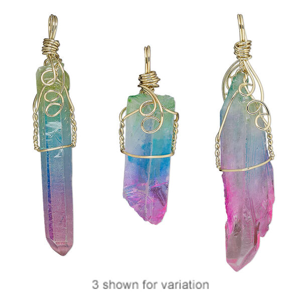 Quartz crystal / brass 1pkg1, gold-finished faceted point pendant 2x0.33 to 3x0.75 inch image number 0