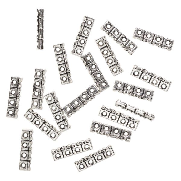 Bead, spacer, "pewter" (zinc-based alloy), pkg/20, 22x6mm 4-strand rectangle with hourglass design, antique silver finish, fits up to 6mm beads. image number 0