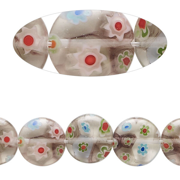 Bead, millefiori glass, translucent multicolored, 11-12mm puffed flat round. Sold per 14-inch strand. image number 0