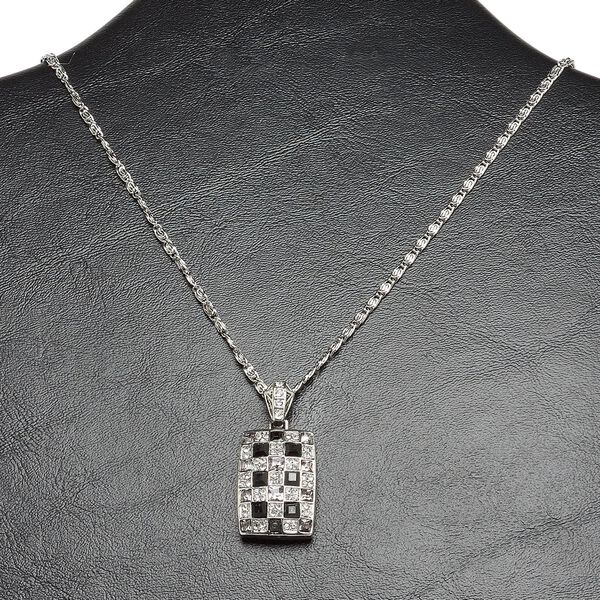 Necklace, imitation rhodium-finished "pewter" (zinc-based alloy) / steel / glass, clear / black / grey, 34x21mm single-sided rectangle with enamel and rhinestone accents, 22-inch flat chain with 2-inch extender chain and lobster claw clasp. Sold individually. image number 0
