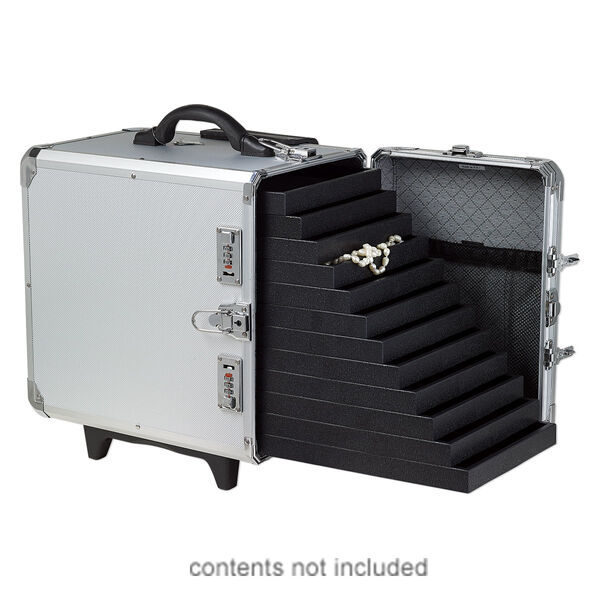 Jewelry case, aluminum / steel / plastic / polyester / VELCRO®, grey and black, 17-1/2 x 16 x 11 inches with diamond pattern and wheels. Sold individually. image number 1