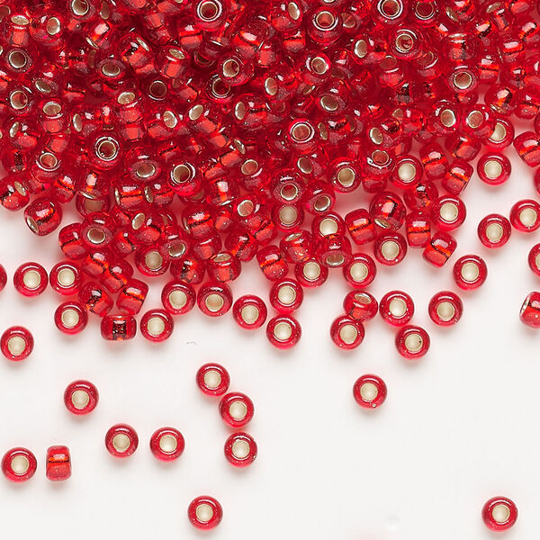 Seed bead, Miyuki, glass, pkg/250g, #8 rocaille, transparent silver-lined flame red, (RR-10). image number 0