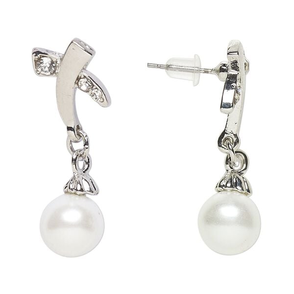 Earring, Everyday Jewelry, antique silver-finished "pewter" (zinc-based alloy) / glass / acrylic pearl, clear and white, 34mm with post. Sold per pair. image number 0