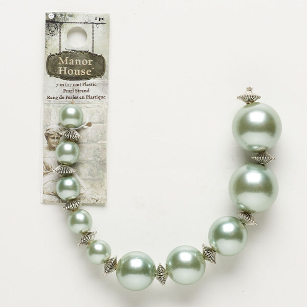 Bead, acrylic and antique silver-finished "pewter" (zinc-based alloy), mint green, graduated round. Sold per 7-inch strand. image number 0