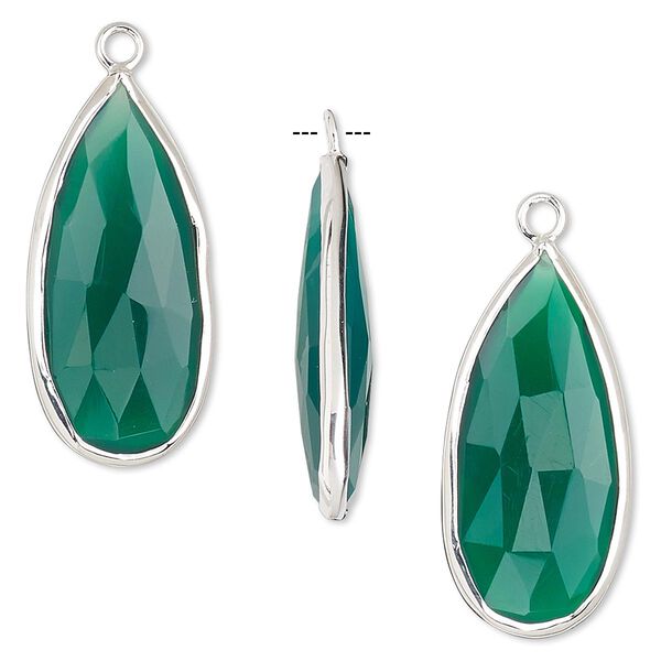 Drop, green onyx (dyed) and sterling silver, 27x12mm double-sided faceted teardrop. Sold per pkg of 2. image number 0