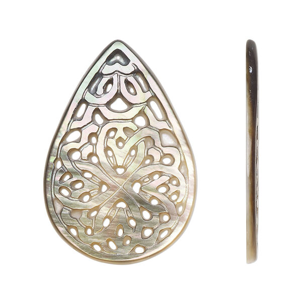 Focal, black lip shell (natural), 33x22mm undrilled carved teardrop with cutout design, Mohs hardness 3-1/2. Sold individually. image number 0