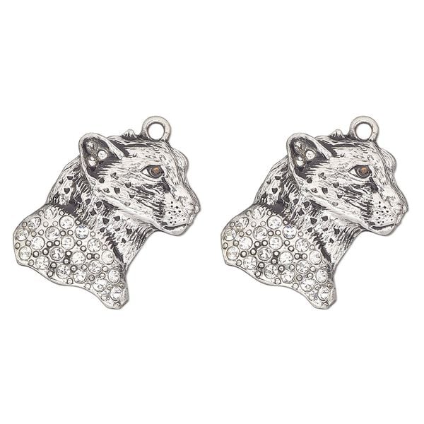 Charm, antique silver-finished "pewter" (zinc-based alloy) and glass, clear and black, 24x23mm single-sided cheetah head. Sold per pkg of 2. image number 0