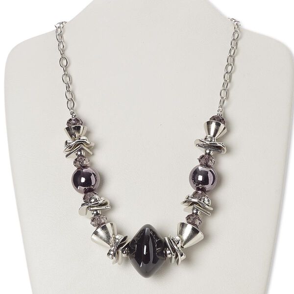 Necklace, acrylic / porcelain / silver- / gunmetal-coated plastic / silver-plated steel / brass, black, 41x28mm double cone, 23 inches with 2-inch extender chain and lobster claw clasp. Sold individually. image number 0