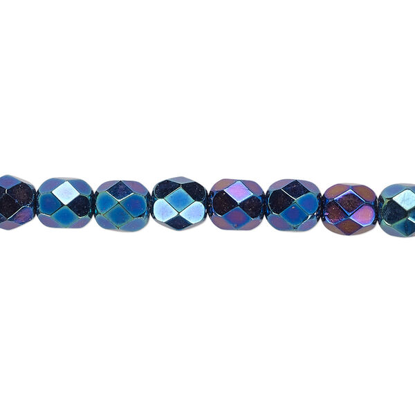 Bead, Czech fire-polished glass, opaque iris blue, 6mm faceted round. Sold per 15-1/2" to 16" strand. image number 0