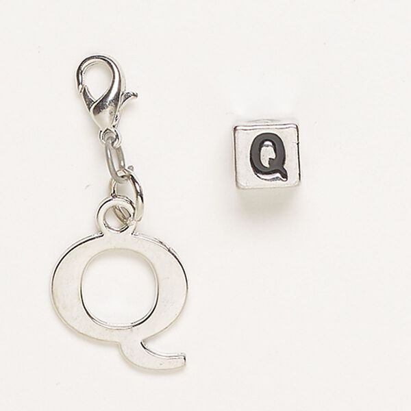 Charm and bead, "pewter" (zinc-based alloy)/steel/enamel, pkg/2, antique silver finish and black, 16x15mm "Q" with lobster claw clasp and 7mm cube with "Q". image number 0