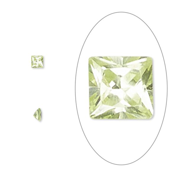 Gem, cubic zirconia, peridot green, 3mm faceted square, Mohs hardness 8-1/2. Sold per pkg of 5. image number 0
