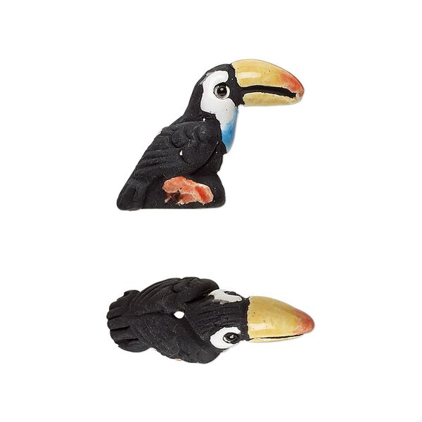 Bead, glazed ceramic, multicolored, 24x17mm hand-painted toucan. Sold per pkg of 2. image number 0