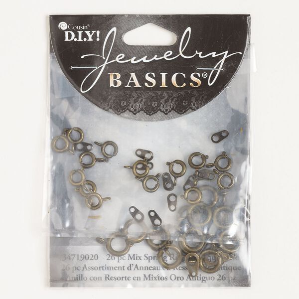 Clasp assortment, springring, steel and brass, pkg/26, 6-9mm round with chain tab, antique gold finish. image number 0