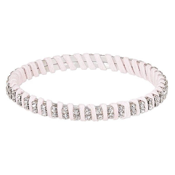Bracelet, bangle, glass rhinestone / leatherette / silver-plated steel, pink and clear, 7mm wide with cupchain, 8 inches. Sold individually. image number 0