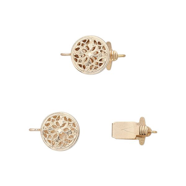 Clasp, tab, 14Kt gold-filled, 9mm round with flower design. Sold individually. image number 0