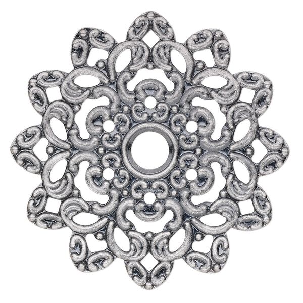 Focal, antique silver-plated steel, 47mm single-sided fancy flower with 6mm center hole. Sold per pkg of 6. image number 0