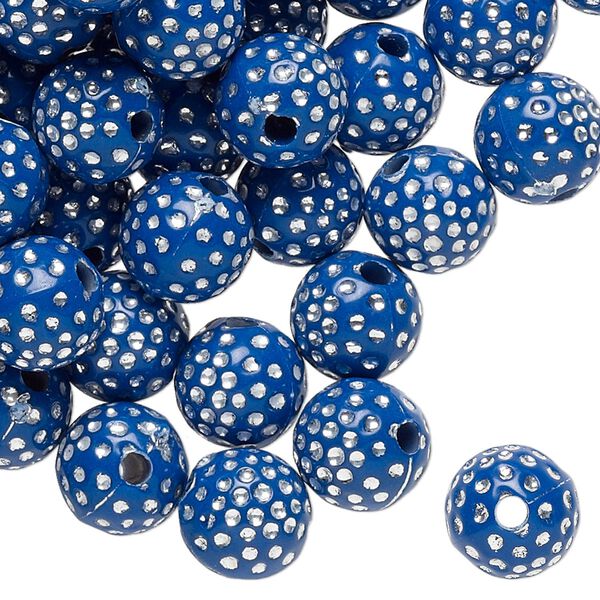 Bead, acrylic, dark blue and silver, 10mm round with dots. Sold per pkg of 100. image number 0